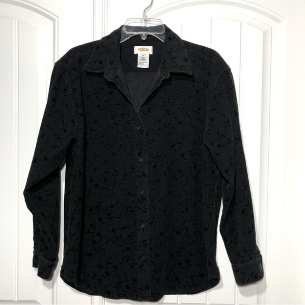 Talbots Cotton Black Floral Corduroy Button Up Long Sleeve Shirt‎ M
